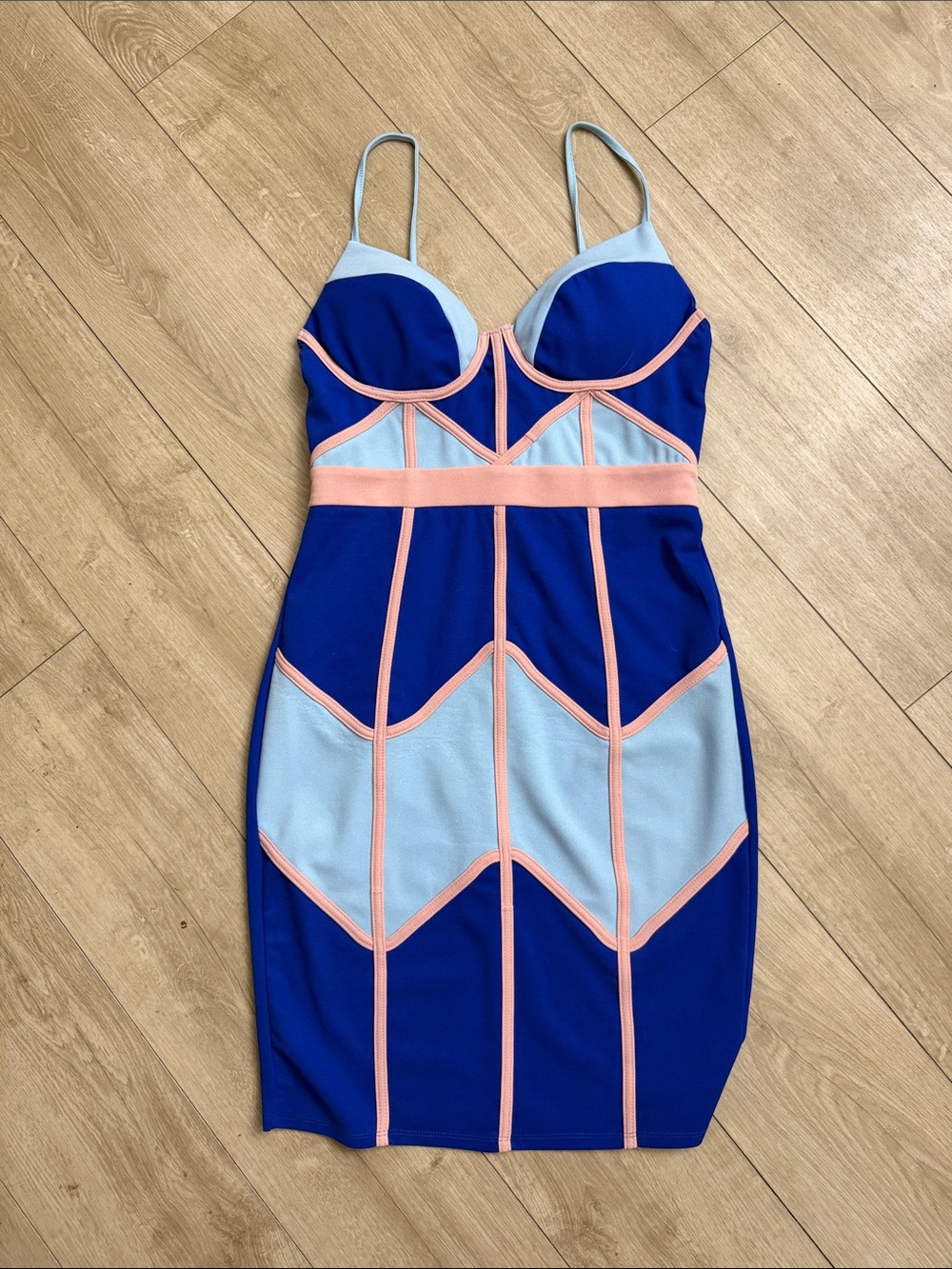 Women’s Colorblock Bodycon Dress - Blue & Light Blue with Pink Trim